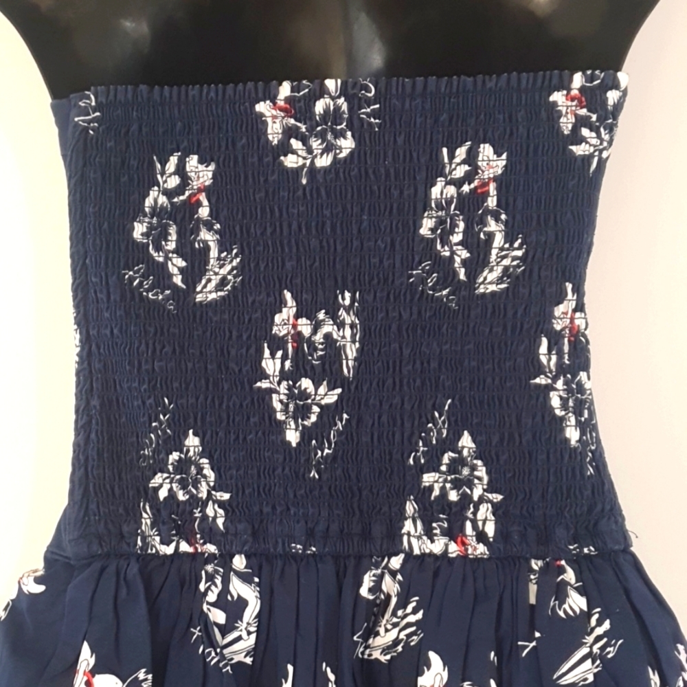 Hollister Size S (approx 10) Long Strapless Navy Blue Aloha Top 100% Cot… - Picture 5 of 8